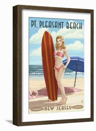 Pt. Pleasant Beach, New Jersey - Surfer Pinup Girl-Lantern Press-Framed Art Print