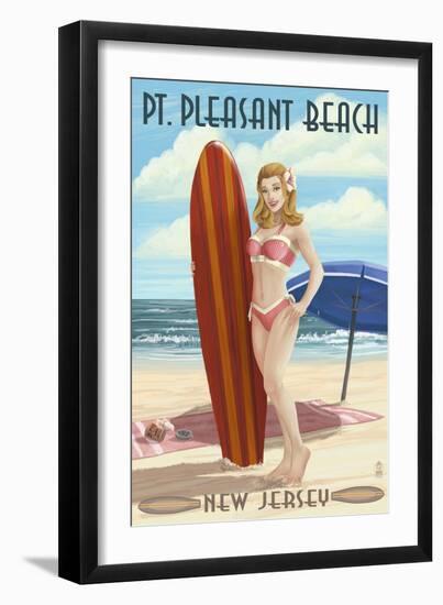 Pt. Pleasant Beach, New Jersey - Surfer Pinup Girl-Lantern Press-Framed Art Print