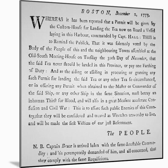 Public Warning by Patriots of Boston Not to Land Te-American School-Mounted Giclee Print