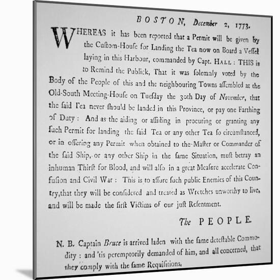 Public Warning by Patriots of Boston Not to Land Te-American School-Mounted Giclee Print