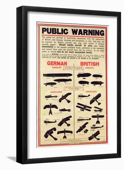 "Public Warning", Poster to Familiarise the Public with Enemy Aircraft, 1915-null-Framed Giclee Print