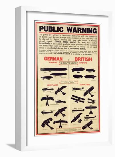 "Public Warning", Poster to Familiarise the Public with Enemy Aircraft, 1915-null-Framed Giclee Print