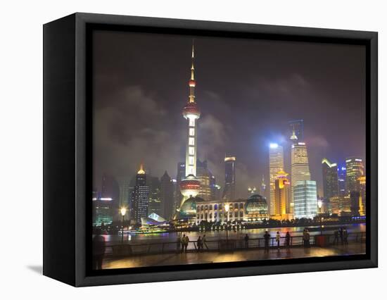 Pudong Skyline at Night across the Huangpu River, Oriental Pearl Tower on Left, Shanghai, China, As-Amanda Hall-Framed Stretched Canvas