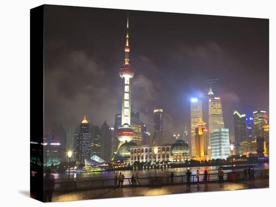 Pudong Skyline at Night across the Huangpu River, Oriental Pearl Tower on Left, Shanghai, China, As-Amanda Hall-Stretched Canvas