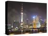 Pudong Skyline at Night across the Huangpu River, Oriental Pearl Tower on Left, Shanghai, China, As-Amanda Hall-Stretched Canvas