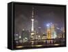 Pudong Skyline at Night across the Huangpu River, Oriental Pearl Tower on Left, Shanghai, China, As-Amanda Hall-Framed Stretched Canvas