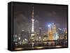 Pudong Skyline at Night across the Huangpu River, Oriental Pearl Tower on Left, Shanghai, China, As-Amanda Hall-Framed Stretched Canvas