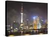 Pudong Skyline at Night across the Huangpu River, Oriental Pearl Tower on Left, Shanghai, China, As-Amanda Hall-Stretched Canvas