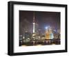 Pudong Skyline at Night across the Huangpu River, Oriental Pearl Tower on Left, Shanghai, China, As-Amanda Hall-Framed Photographic Print