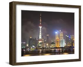 Pudong Skyline at Night across the Huangpu River, Oriental Pearl Tower on Left, Shanghai, China, As-Amanda Hall-Framed Photographic Print