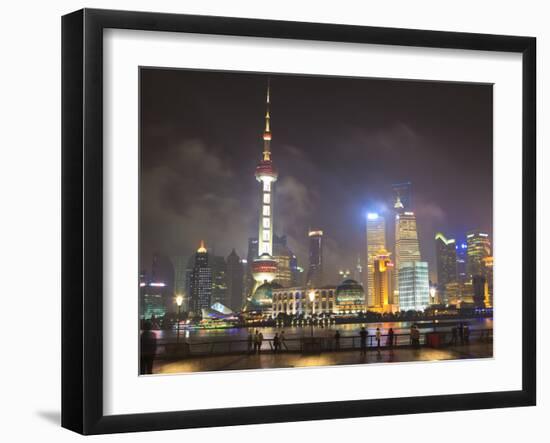 Pudong Skyline at Night across the Huangpu River, Oriental Pearl Tower on Left, Shanghai, China, As-Amanda Hall-Framed Photographic Print