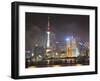 Pudong Skyline at Night across the Huangpu River, Oriental Pearl Tower on Left, Shanghai, China, As-Amanda Hall-Framed Photographic Print