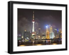 Pudong Skyline at Night across the Huangpu River, Oriental Pearl Tower on Left, Shanghai, China, As-Amanda Hall-Framed Photographic Print