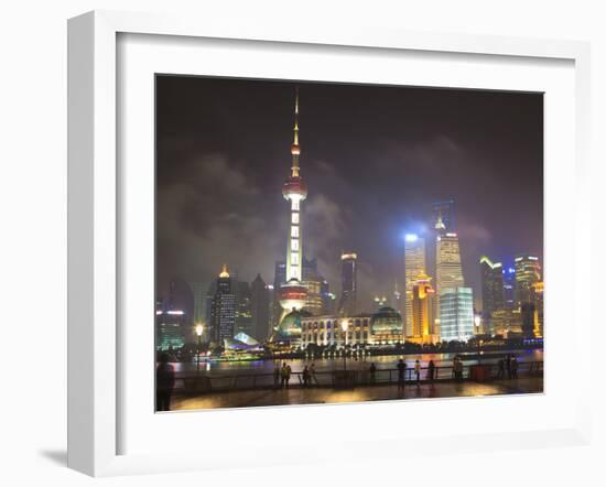 Pudong Skyline at Night across the Huangpu River, Oriental Pearl Tower on Left, Shanghai, China, As-Amanda Hall-Framed Photographic Print