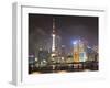 Pudong Skyline at Night across the Huangpu River, Oriental Pearl Tower on Left, Shanghai, China, As-Amanda Hall-Framed Photographic Print