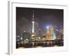 Pudong Skyline at Night across the Huangpu River, Oriental Pearl Tower on Left, Shanghai, China, As-Amanda Hall-Framed Photographic Print