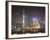 Pudong Skyline at Night across the Huangpu River, Oriental Pearl Tower on Left, Shanghai, China, As-Amanda Hall-Framed Photographic Print