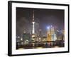 Pudong Skyline at Night across the Huangpu River, Oriental Pearl Tower on Left, Shanghai, China, As-Amanda Hall-Framed Photographic Print