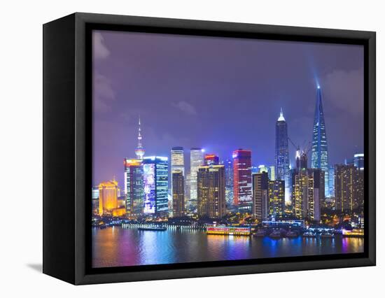 Pudong Skyline at Night across the Huangpu River, Shanghai, China, Asia-Amanda Hall-Framed Stretched Canvas