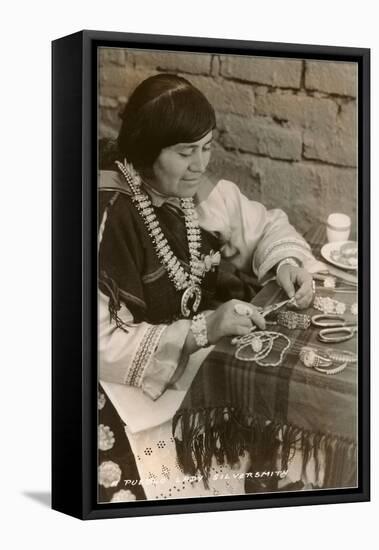 Pueblo Woman Silversmith-null-Framed Stretched Canvas
