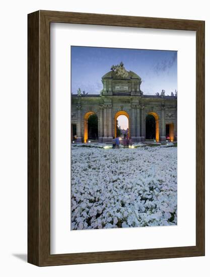 Puerto De Alcala at Dusk and White Flowerbed, Madrid, Spain, Europe-Charles Bowman-Framed Photographic Print