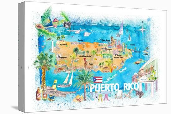 Puerto Rico Islands Illustrated Travel Map with Roads and Highlights-M. Bleichner-Stretched Canvas