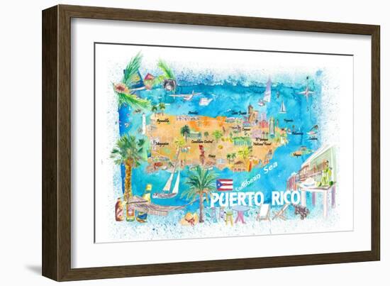 Puerto Rico Islands Illustrated Travel Map with Roads and Highlights-M. Bleichner-Framed Art Print