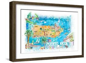 Puerto Rico Islands Illustrated Travel Map with Roads and Highlights-M. Bleichner-Framed Art Print