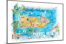 Puerto Rico Islands Illustrated Travel Map with Roads and Highlights-M. Bleichner-Mounted Art Print