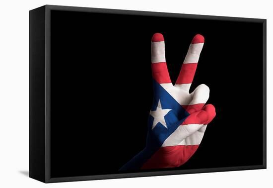 Puertorico National Flag Two Finger Up Gesture For Victory And Winner Symbol Made With Hand-vepar5-Framed Stretched Canvas