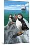 Puffin and Cruise Ship - Pacific-Lantern Press-Mounted Art Print