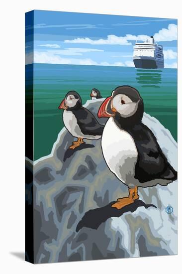 Puffin and Cruise Ship - Pacific-Lantern Press-Stretched Canvas
