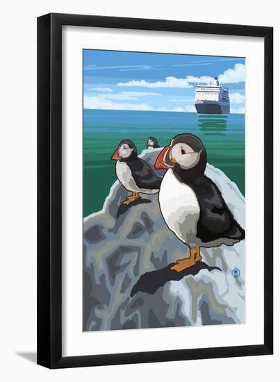 Puffin and Cruise Ship - Pacific-Lantern Press-Framed Art Print