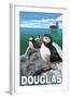 Puffins & Cruise Ship, Douglas, Alaska-Lantern Press-Framed Art Print