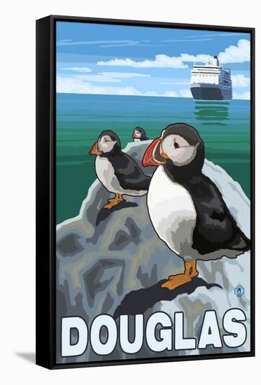 Puffins & Cruise Ship, Douglas, Alaska-Lantern Press-Framed Stretched Canvas