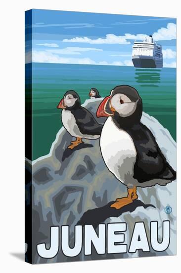 Puffins & Cruise Ship, Juneau, Alaska-Lantern Press-Stretched Canvas