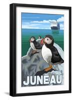 Puffins & Cruise Ship, Juneau, Alaska-Lantern Press-Framed Art Print