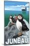 Puffins & Cruise Ship, Juneau, Alaska-Lantern Press-Mounted Art Print