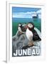 Puffins & Cruise Ship, Juneau, Alaska-Lantern Press-Framed Art Print