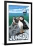 Puffins & Cruise Ship, Juneau, Alaska-Lantern Press-Framed Art Print