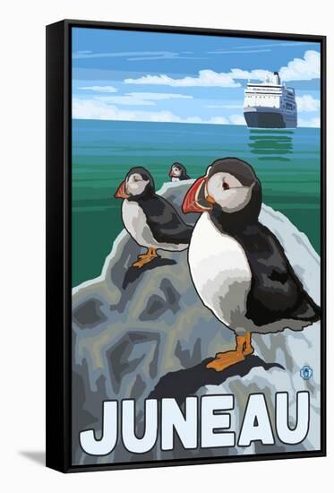 Puffins & Cruise Ship, Juneau, Alaska-Lantern Press-Framed Stretched Canvas