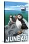 Puffins & Cruise Ship, Juneau, Alaska-Lantern Press-Stretched Canvas