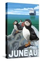 Puffins & Cruise Ship, Juneau, Alaska-Lantern Press-Stretched Canvas