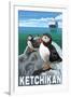 Puffins & Cruise Ship, Ketchikan, Alaska-Lantern Press-Framed Art Print