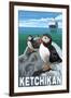 Puffins & Cruise Ship, Ketchikan, Alaska-Lantern Press-Framed Art Print
