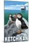 Puffins & Cruise Ship, Ketchikan, Alaska-Lantern Press-Mounted Art Print