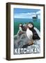 Puffins & Cruise Ship, Ketchikan, Alaska-Lantern Press-Framed Art Print