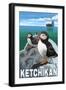 Puffins & Cruise Ship, Ketchikan, Alaska-Lantern Press-Framed Art Print