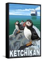 Puffins & Cruise Ship, Ketchikan, Alaska-Lantern Press-Framed Stretched Canvas