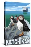 Puffins & Cruise Ship, Ketchikan, Alaska-Lantern Press-Stretched Canvas